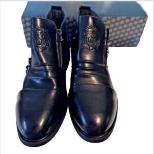 Mens PU Leather Ankle Boots Sz 13 Black Double Zippers Buckles Lion Embossed NEW